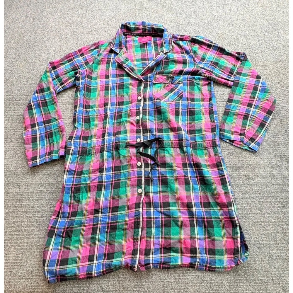 Victorias Secret Sleepshirt Womens M Plaid Flannel Drawstring Cozy Preppy Lounge